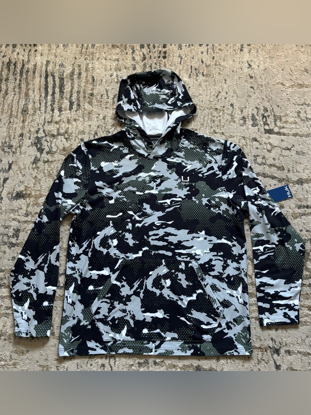 HUK Leeward Lightweight Fleece Fishing Hoodie NEW Men’s Midnight Black Gray Camo